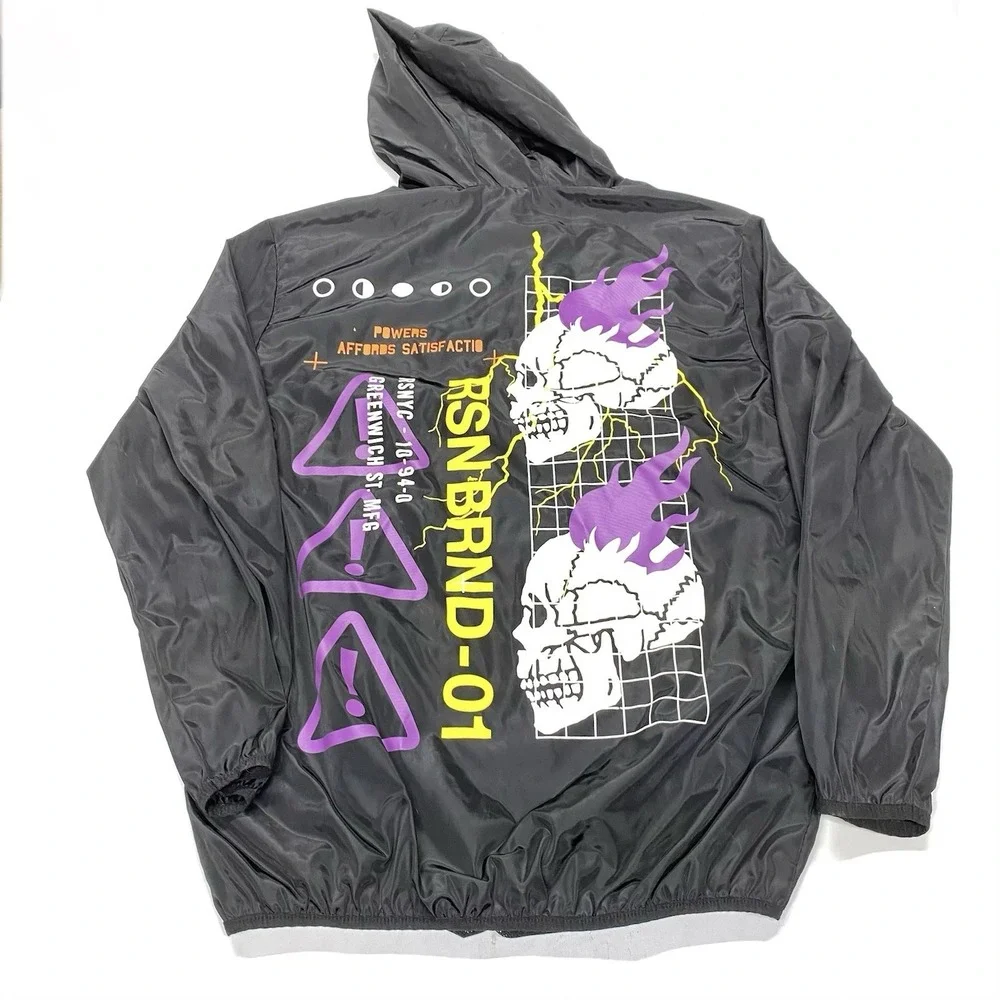 Reason Anorak Jacket Men's Medium Black Half-Zip World Skull Hooded - Picture 9 of 15